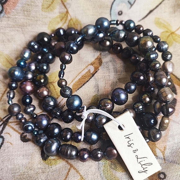 Iris & Lily Peacock Freshwater Pearls Blue Gray Purple Long Strand Necklace NWT - Picture 2 of 10